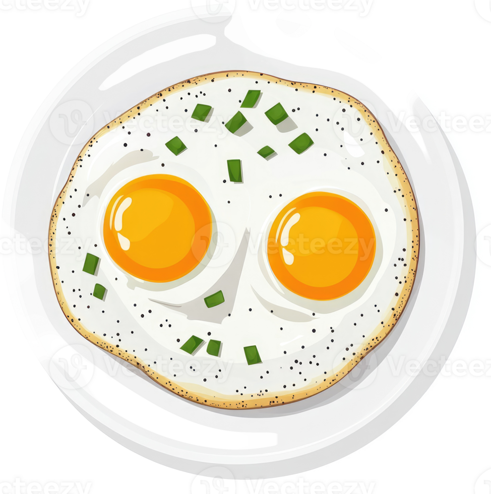 Two fried eggs with green onions on a plate. png