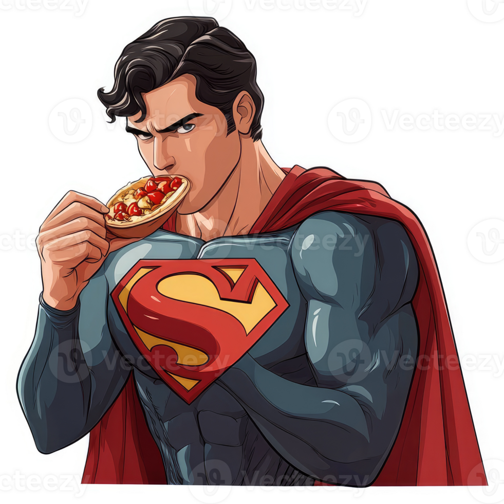 Superman enjoys a delicious pizza. png
