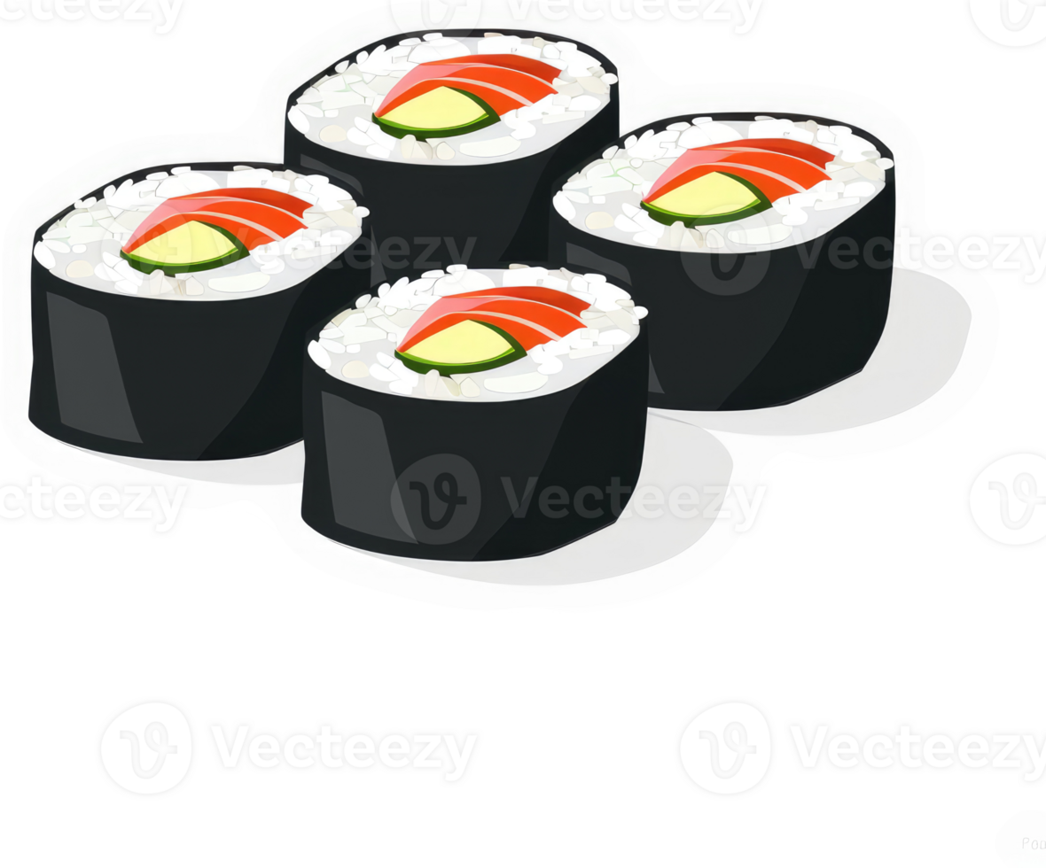 Four salmon avocado sushi rolls displayed. png