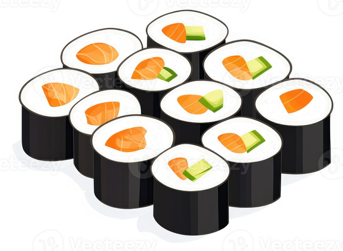 A collection of delicious salmon and avocado sushi rolls. png