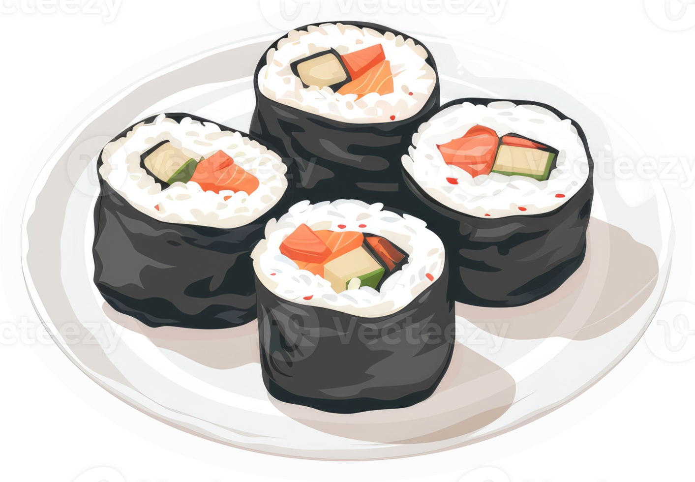 A plate of four delicious salmon and avocado sushi rolls. png