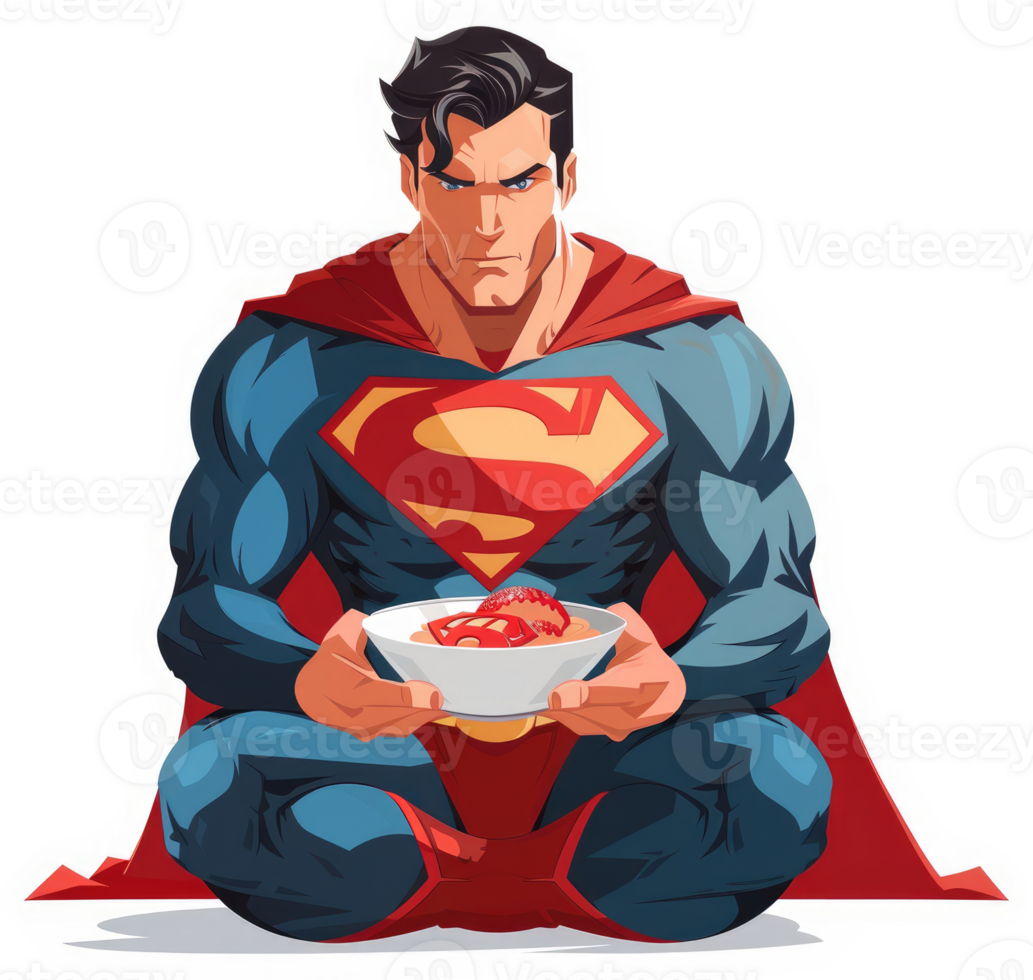 Superman seated in a meditative pose, enjoying a bowl of strawberries. png