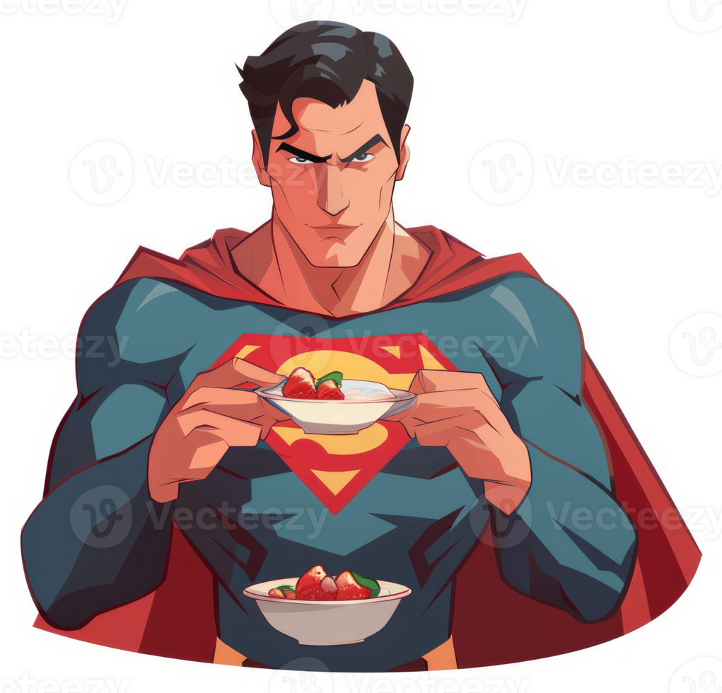 Superman enjoys a healthy breakfast of yogurt and strawberries. png