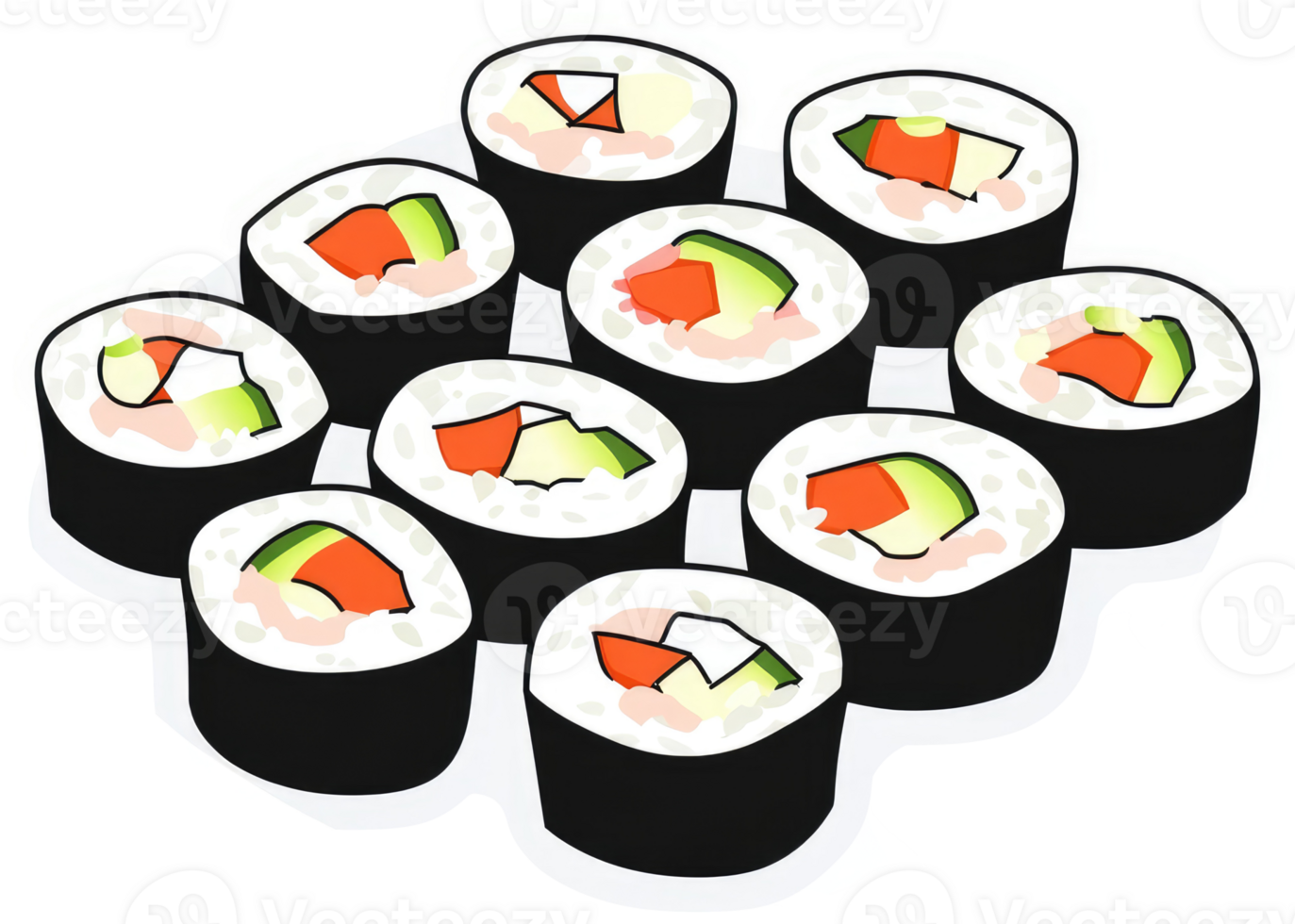 A plate of colorful sushi rolls with fillings. png