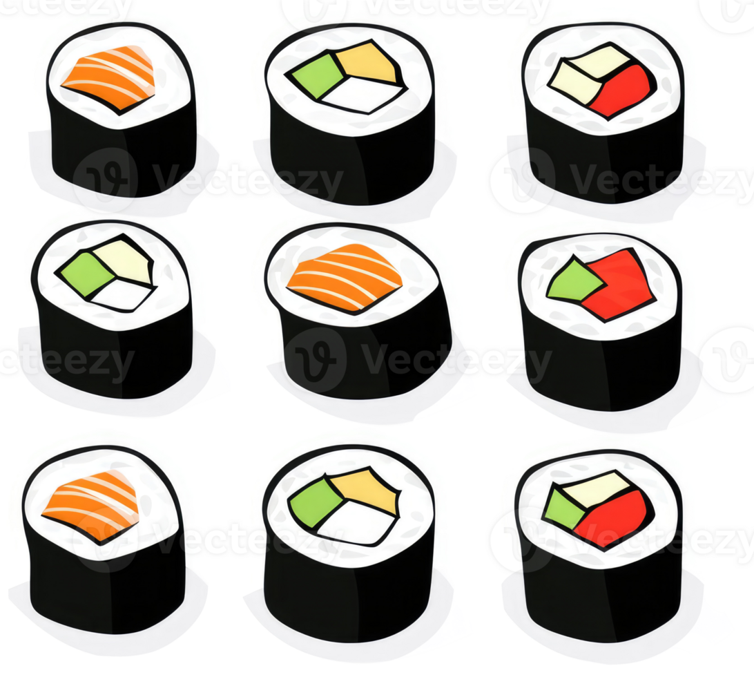 Assorted sushi rolls with various fillings. png