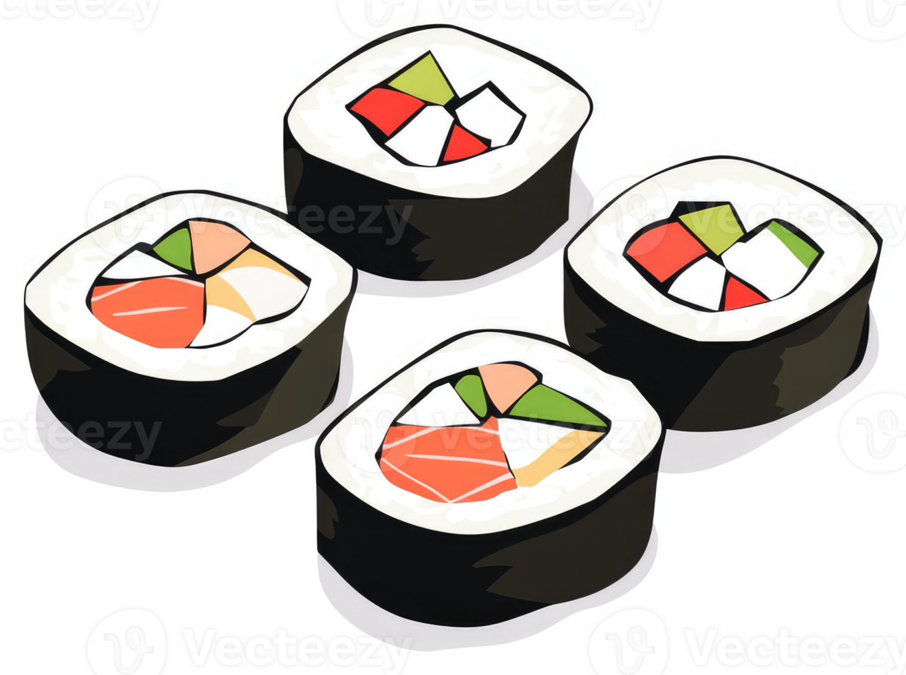 Four colorful sushi rolls with various fillings. png