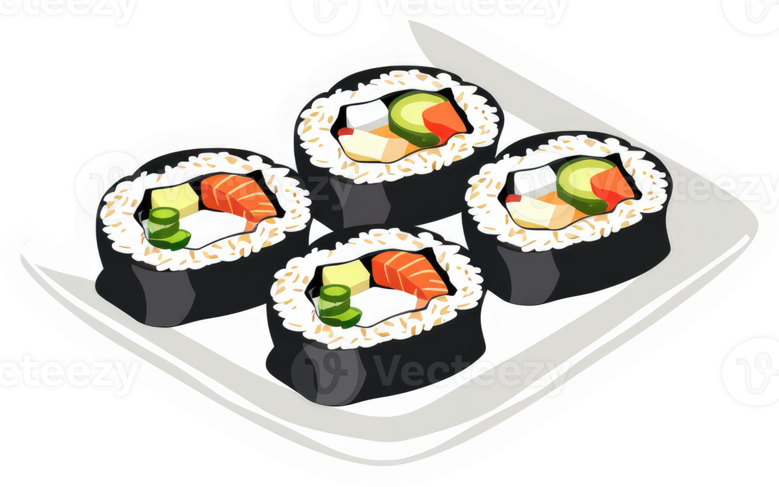 A plate of colorful sushi rolls with rice and fillings. png