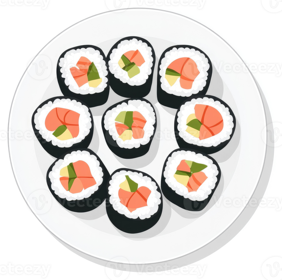 A plate of delicious salmon sushi rolls. png