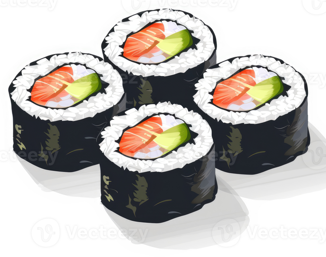 Four delicious salmon avocado sushi rolls displayed. png