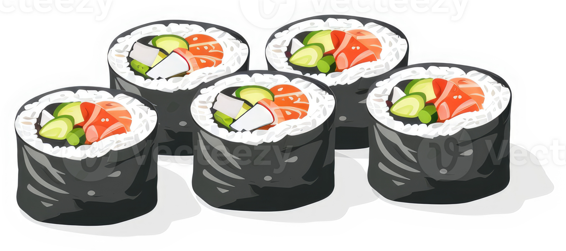 A collection of colorful sushi rolls with rice and various fillings. png