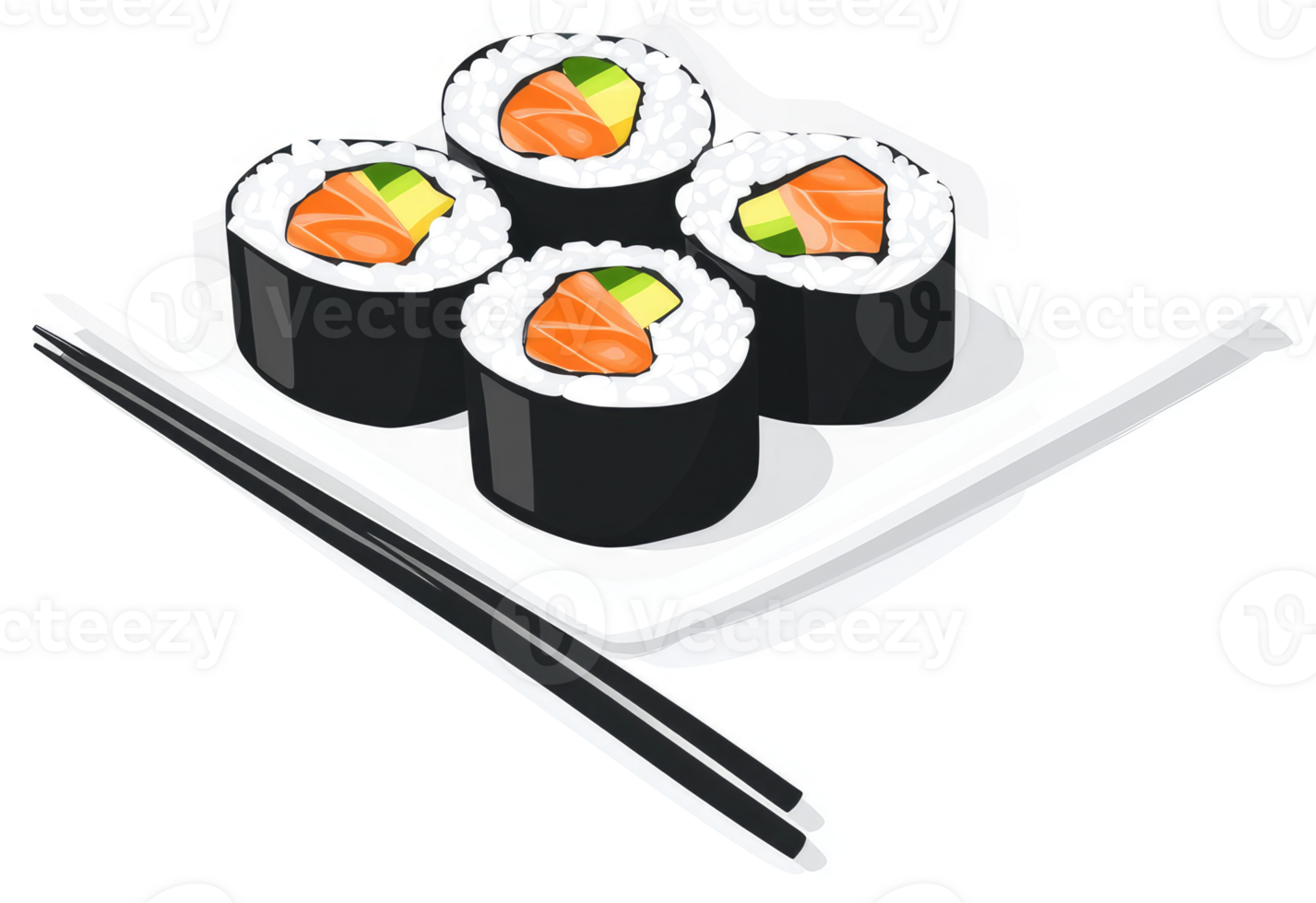 Four salmon avocado sushi rolls served on a plate with chopsticks. png