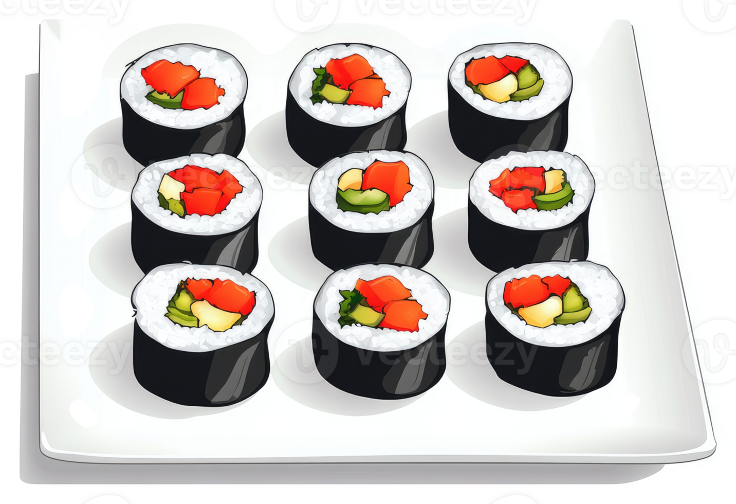 Nine colorful sushi rolls arranged on a white plate. png
