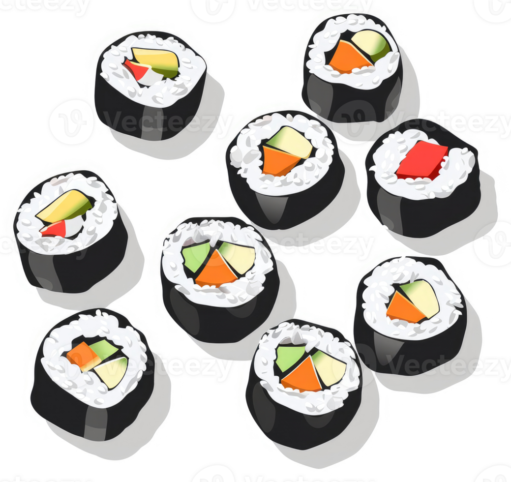 Assorted colorful vegetarian sushi rolls displayed. png