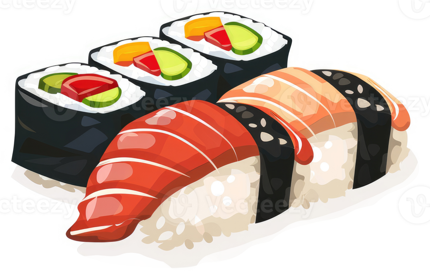 Assorted sushi rolls featuring various fillings. png