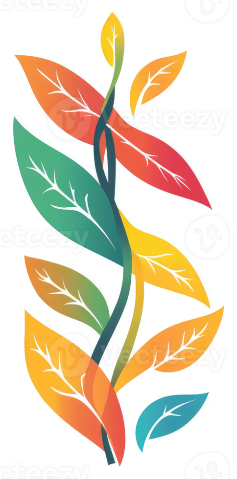 Vibrant autumnal leaves intertwined on a stem. png