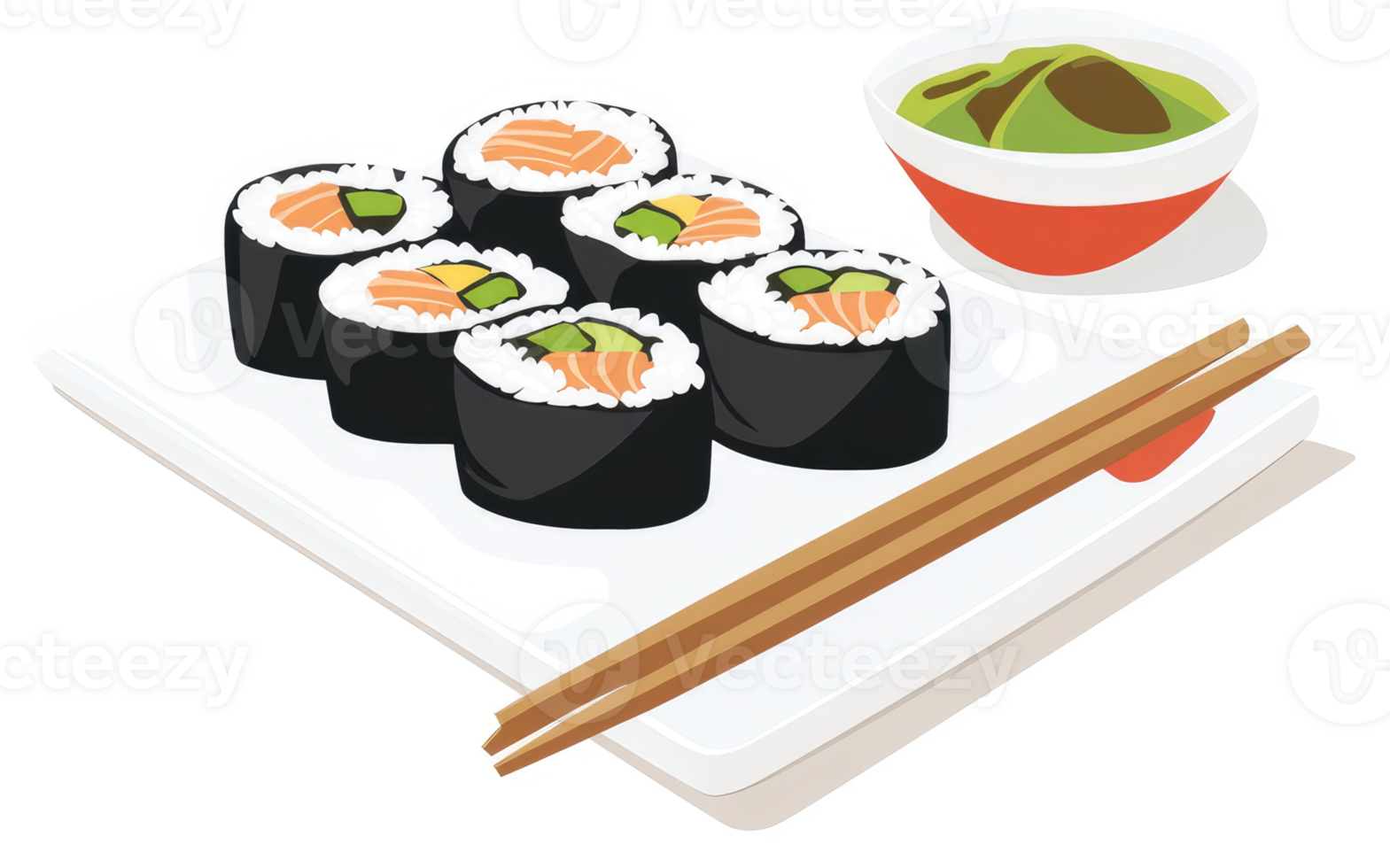 A plate of sushi rolls with a side of sauce. png