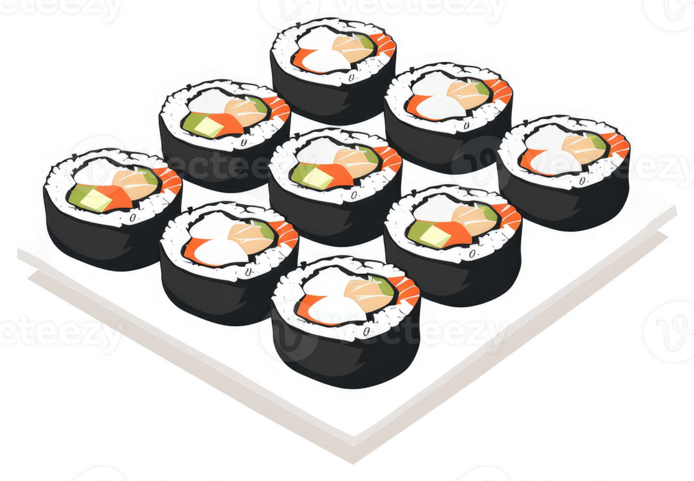 A plate of twelve delicious salmon avocado sushi rolls. png