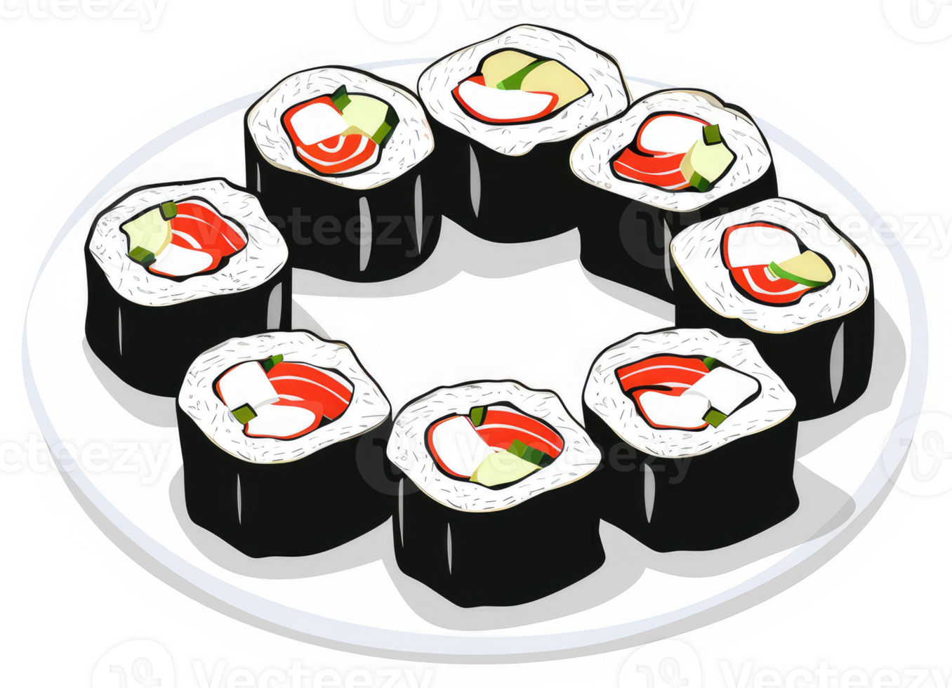 A plate of delicious sushi rolls arranged in a circle. png