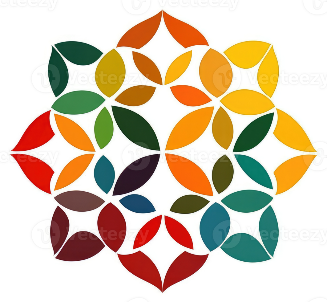 A vibrant, symmetrical design composed of interlocking, colorful leaf-like shapes. png