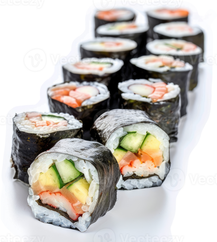 Assorted sushi rolls displayed on a white plate. png