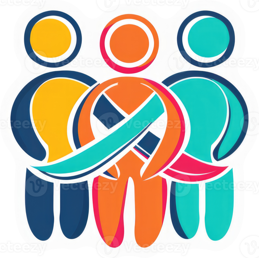 A colorful logo design featuring three intertwined figures with an awareness ribbon. png