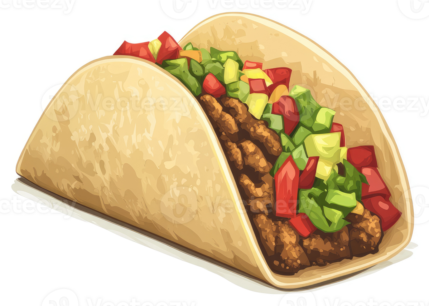 A delicious taco filled with seasoned meat, colorful toppings, and a warm tortilla. png