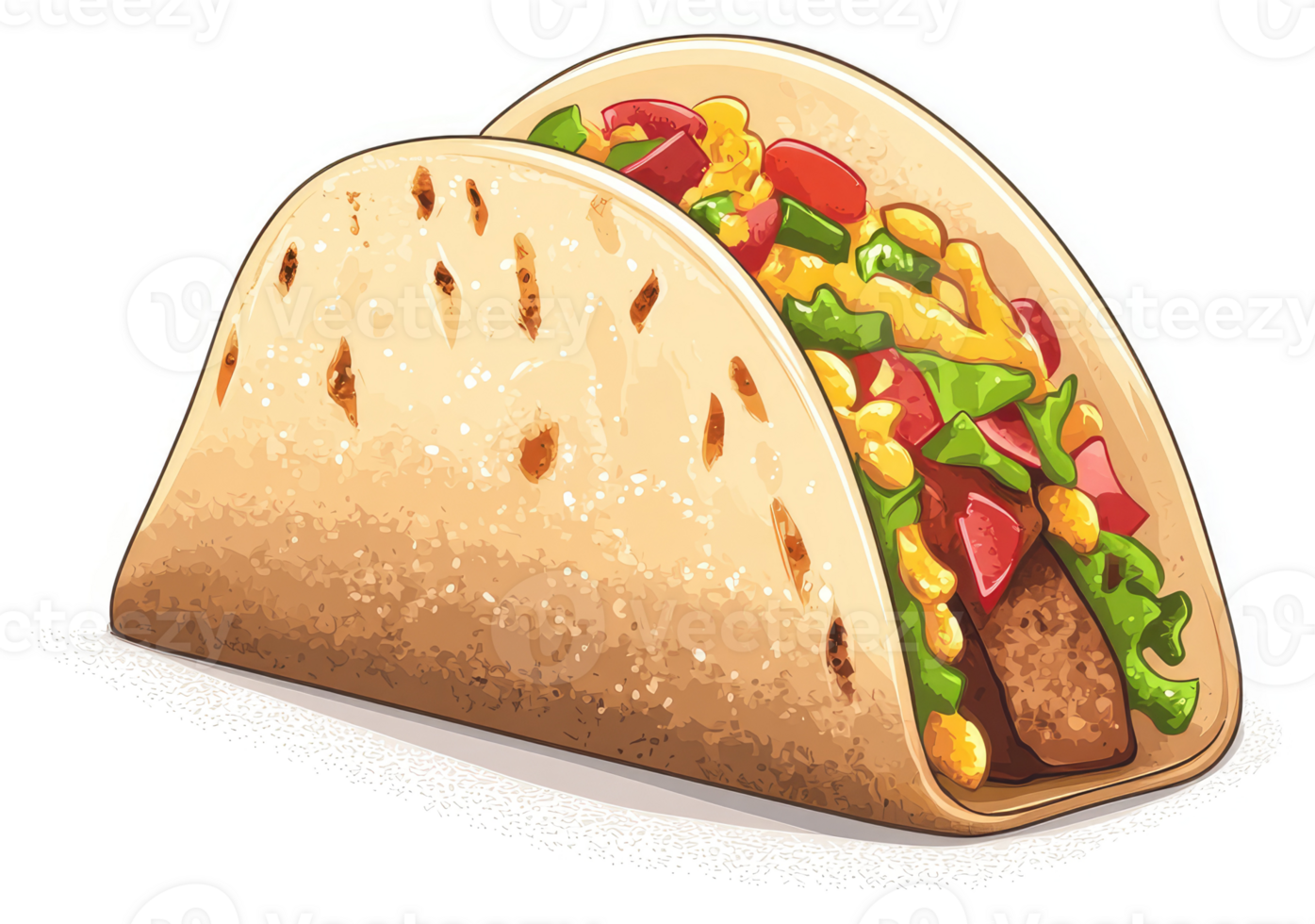 A delicious grilled taco filled with savory meat, colorful toppings, and creamy sauce. png