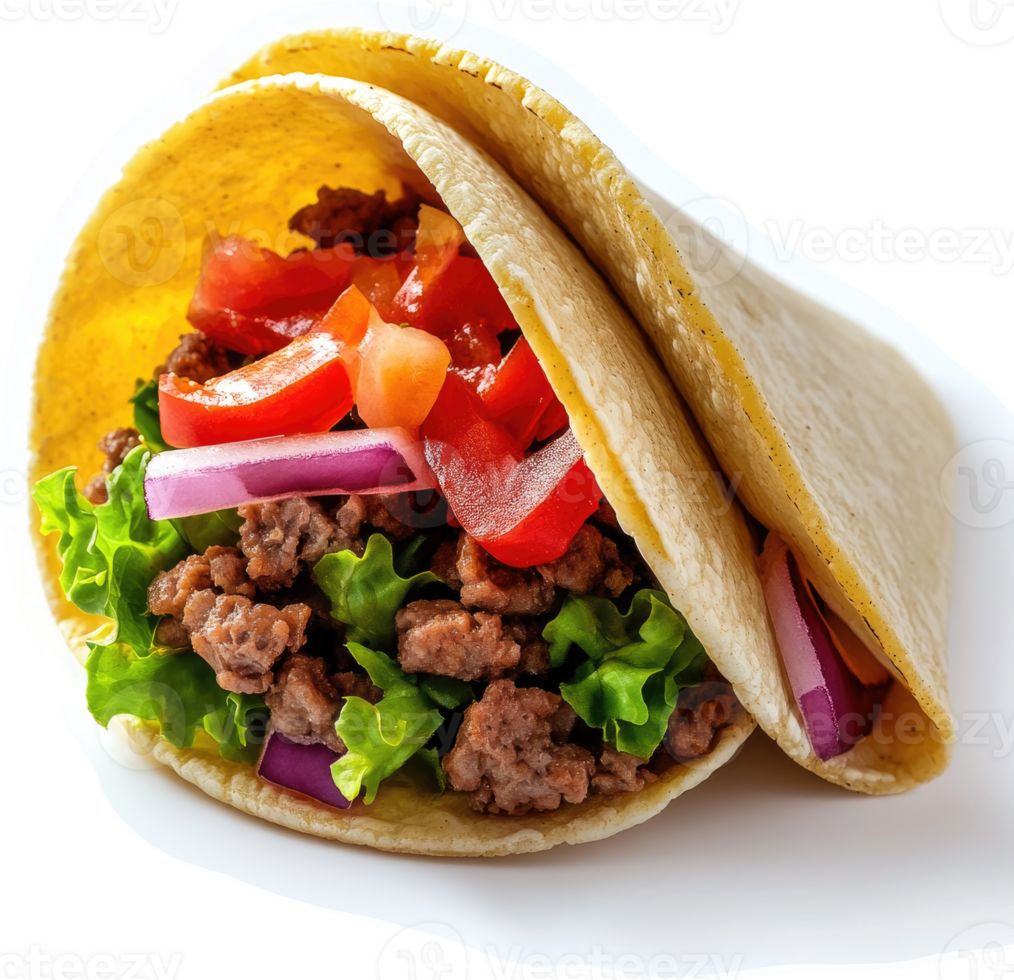 A delicious beef taco with lettuce, tomato, and onion. png