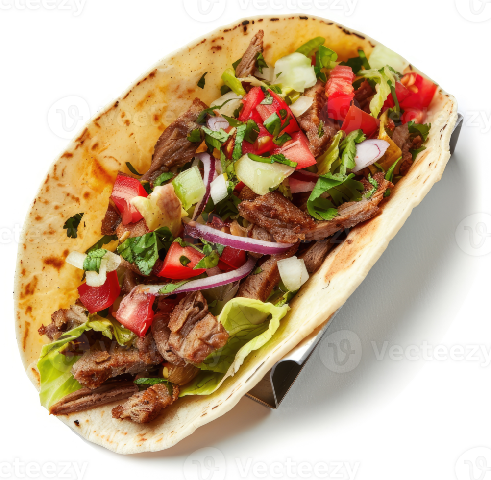 A delicious seasoned beef taco filled with fresh vegetables. png