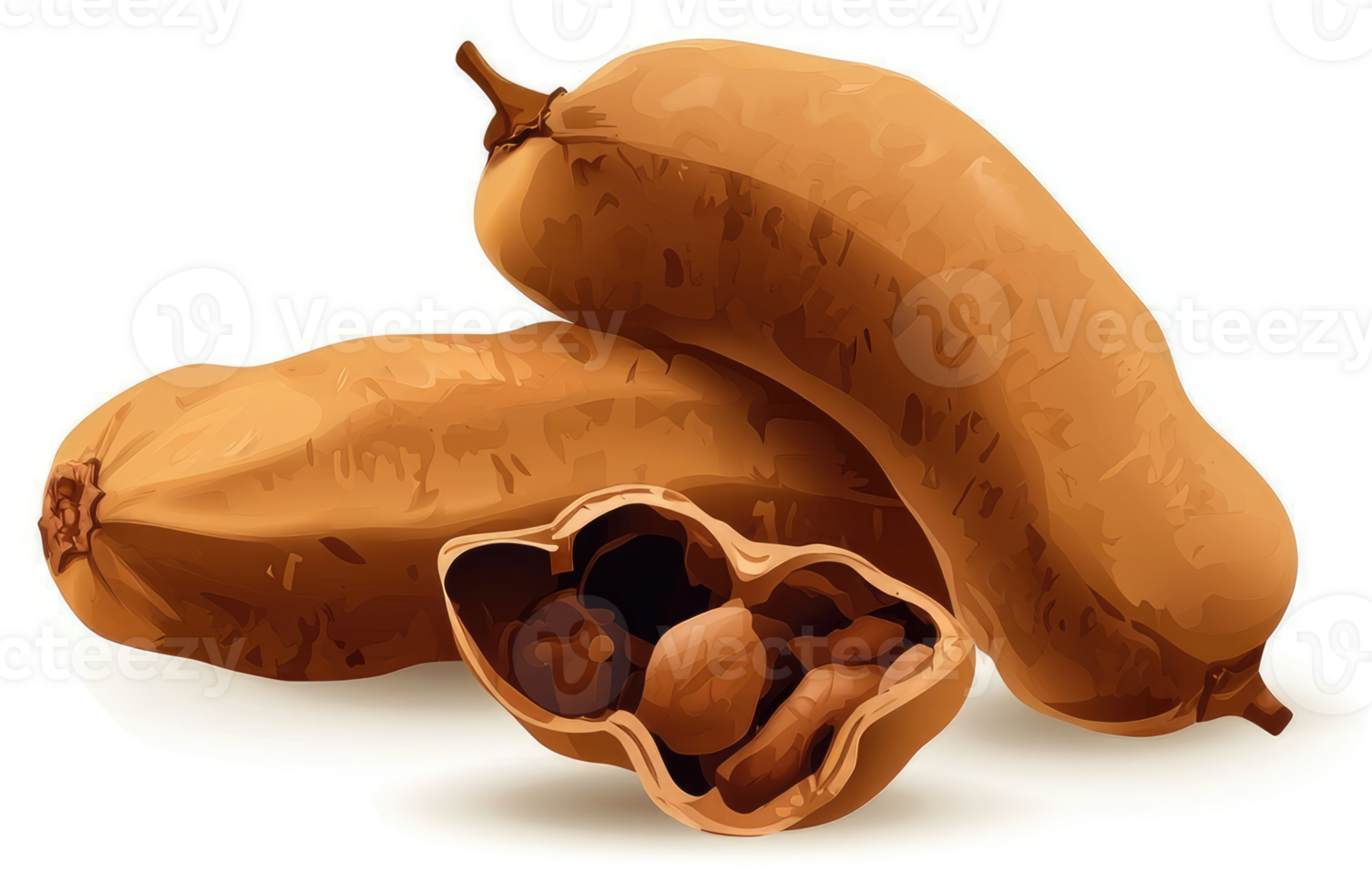 A close-up image of ripe tamarind pods. png