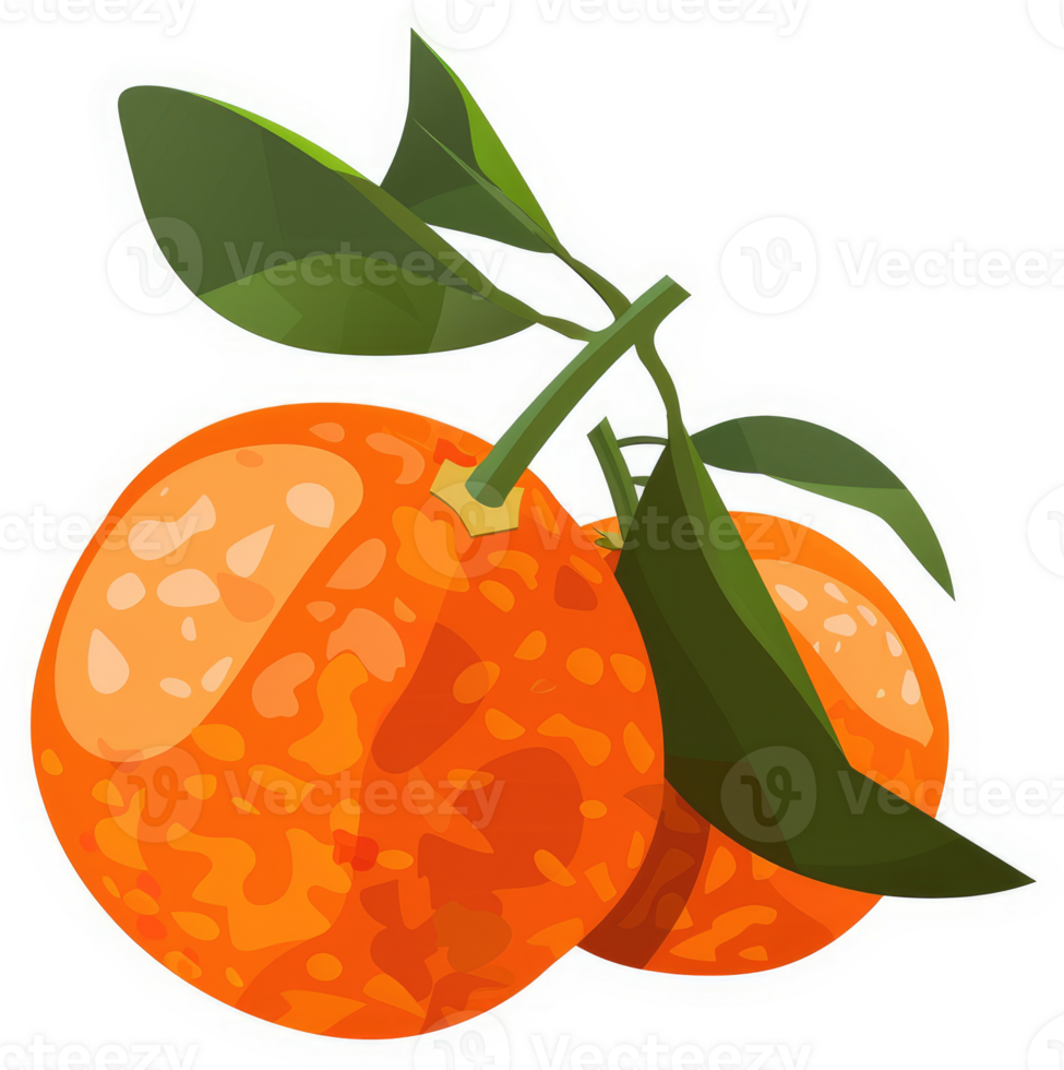 Two juicy oranges with vibrant green leaves. png
