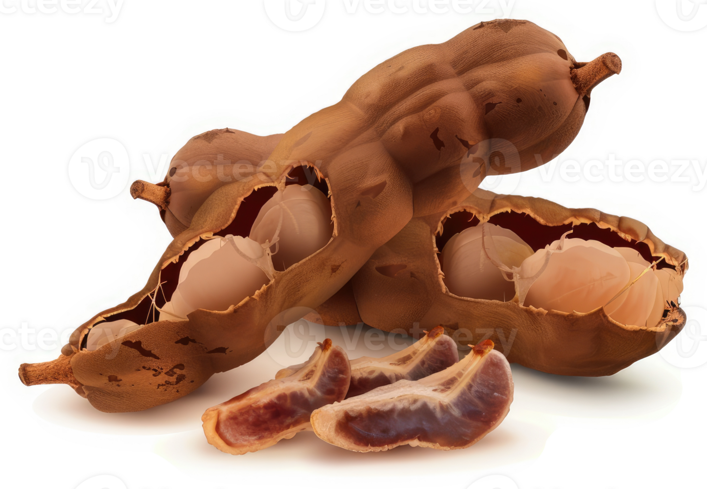 Opened tamarind pods display their fleshy, nutritious insides. png