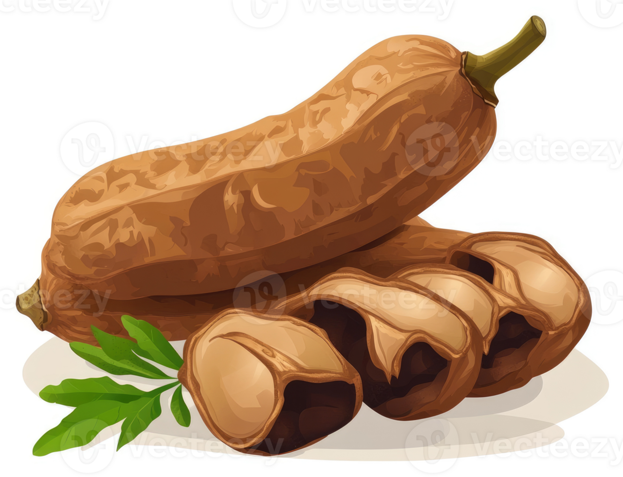 Illustration of a whole and sliced tamarind fruit with leaves. png