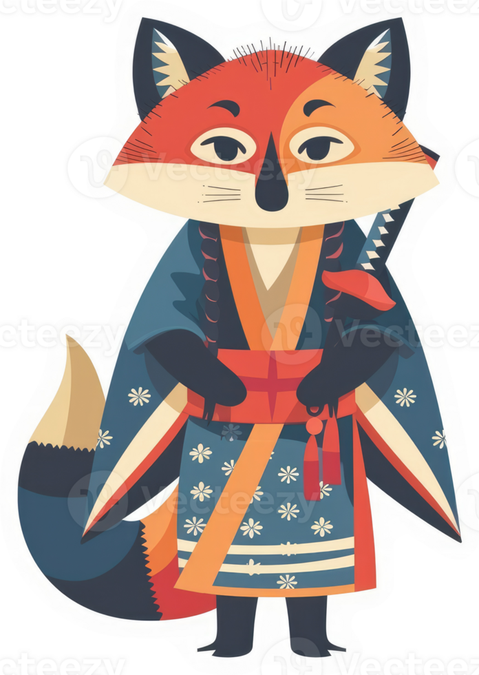 A stylized fox character in a traditional Japanese kimono, wielding a katana. png