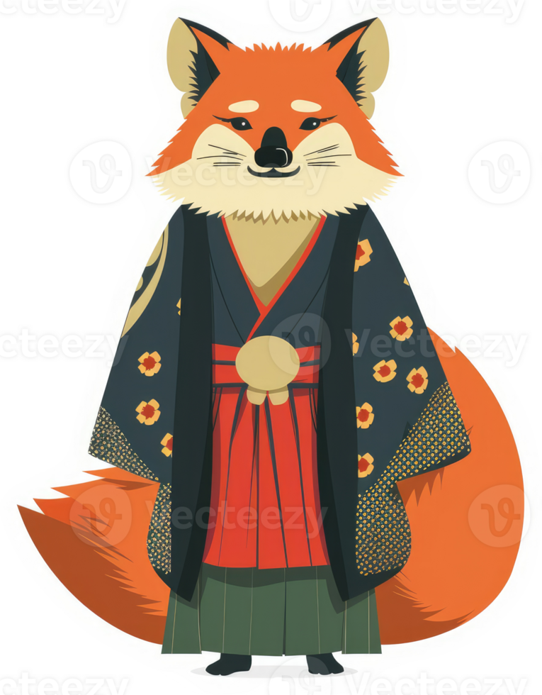 A stylized illustration of a fox wearing traditional Japanese attire. png