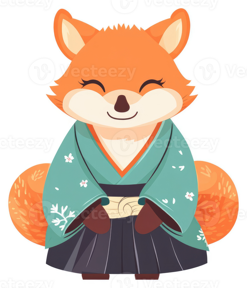 A cheerful fox in a traditional japanese kimono. png