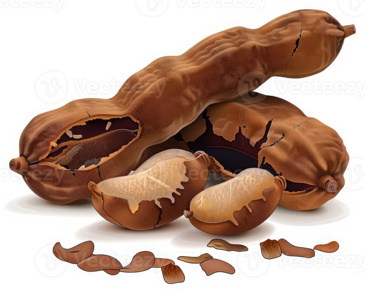 A close-up view of split tamarind pods with seeds. png