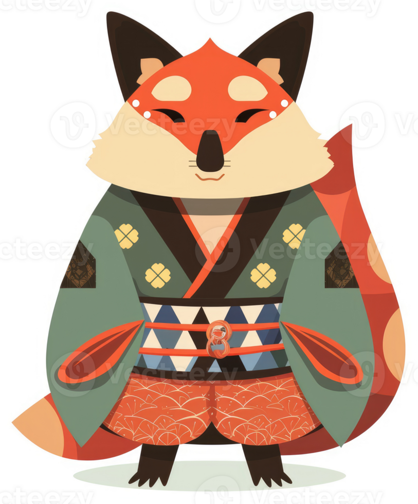 A cute cartoon fox wearing a traditional japanese kimono. png