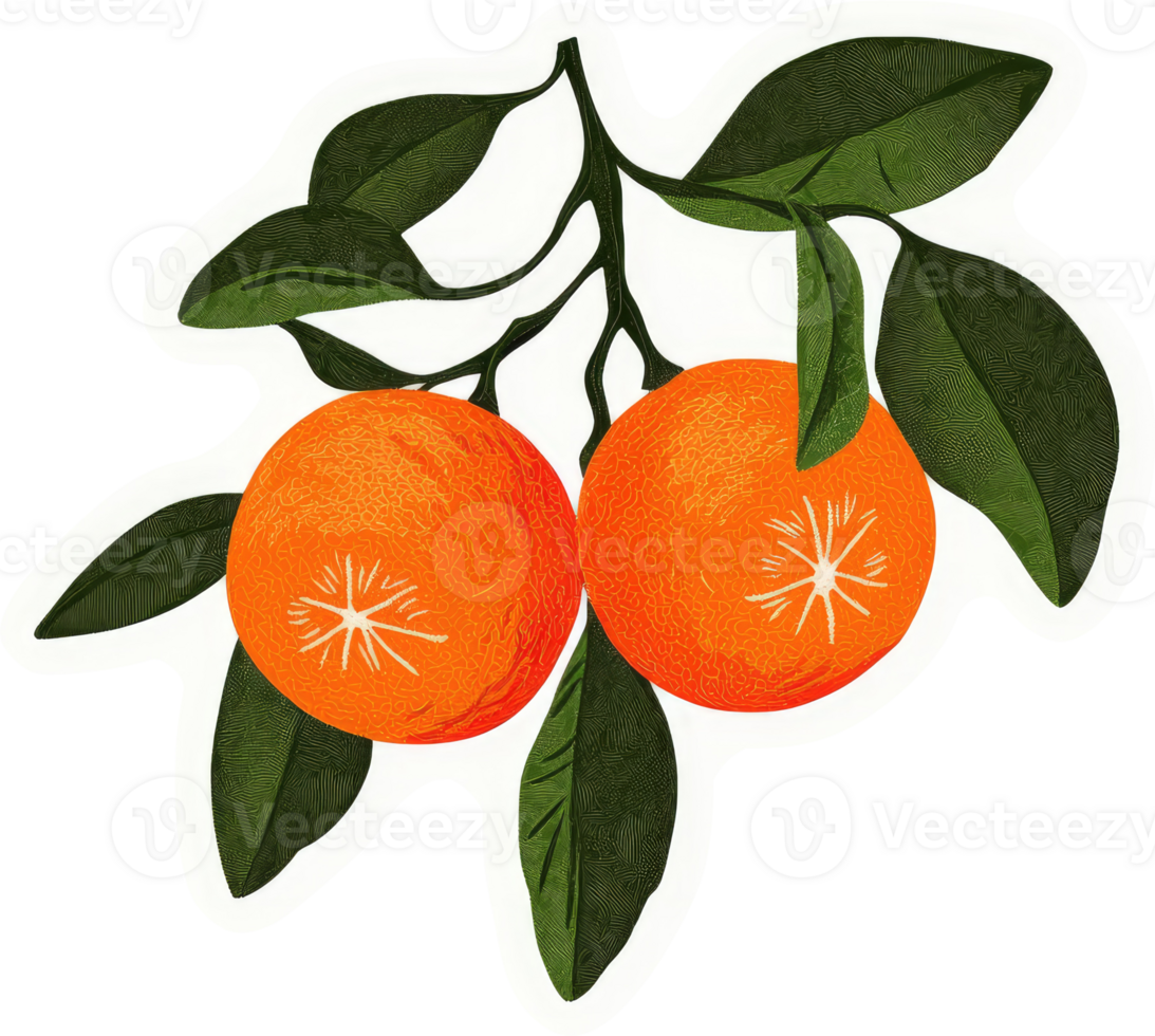 Two vibrant oranges on a branch with lush green leaves. png