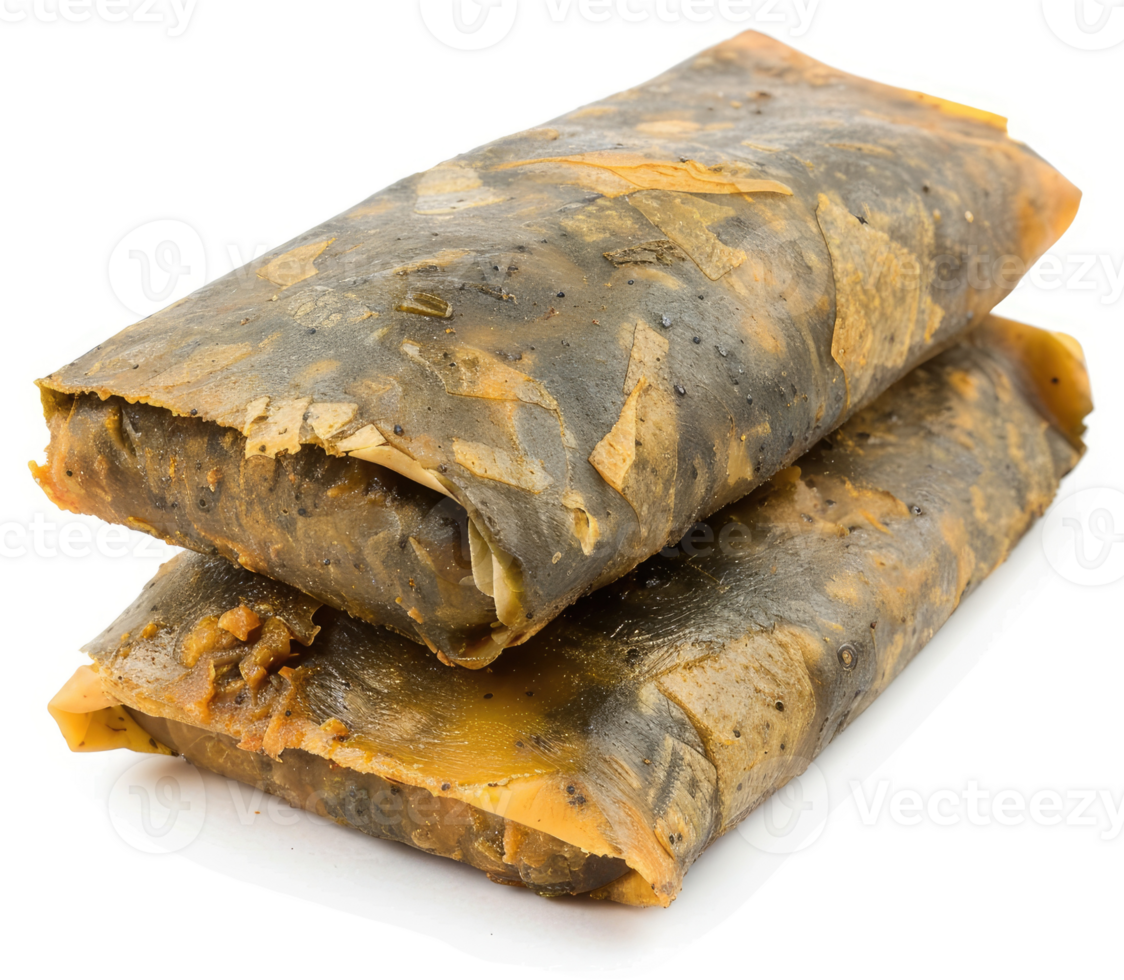 Two folded, dark-colored, wrapped, savory treats. png