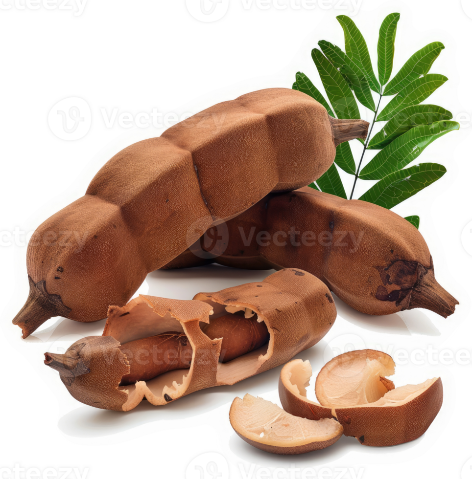 Close-up of whole and sliced tamarind pods with leaves. png
