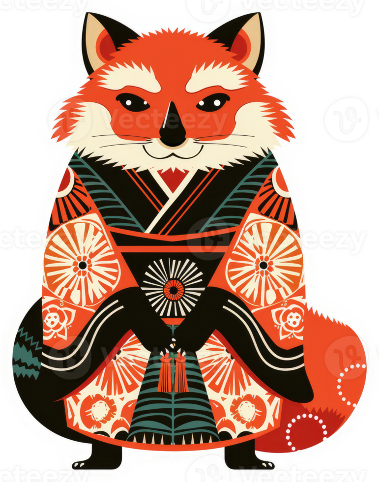 A stylized illustration of a red panda in a traditional japanese kimono. png