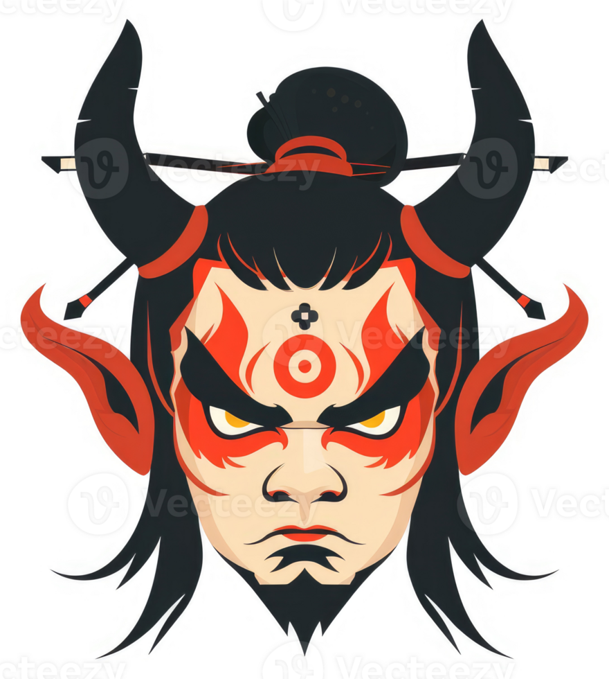 A fierce, stylized illustration of a mythical figure with demon-like features. png