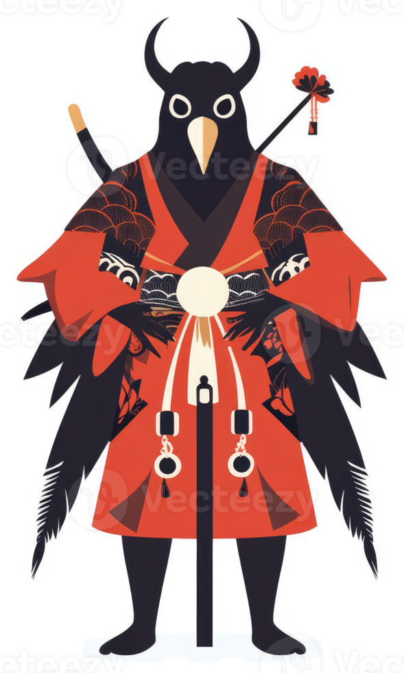A stylized illustration of a figure resembling a crow-like warrior in traditional Japanese attire. png