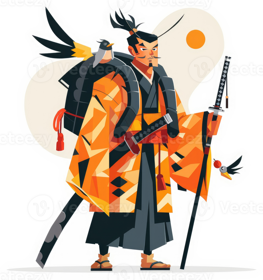 A stylized illustration of a japanese warrior with a bird perched on his back. png