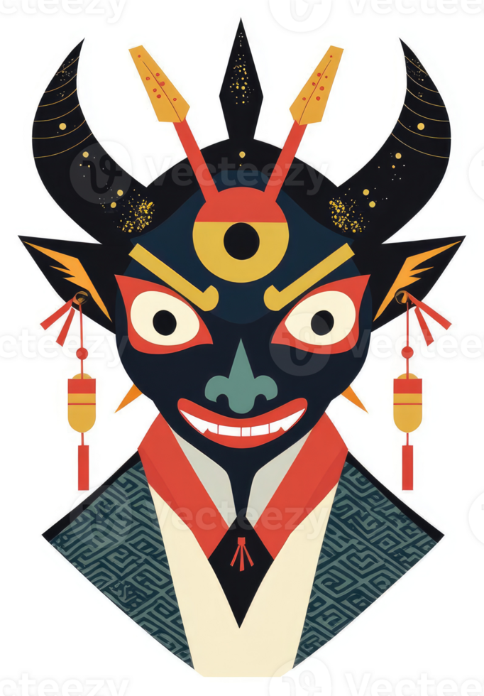 A stylized illustration of a traditional asian demon mask. png