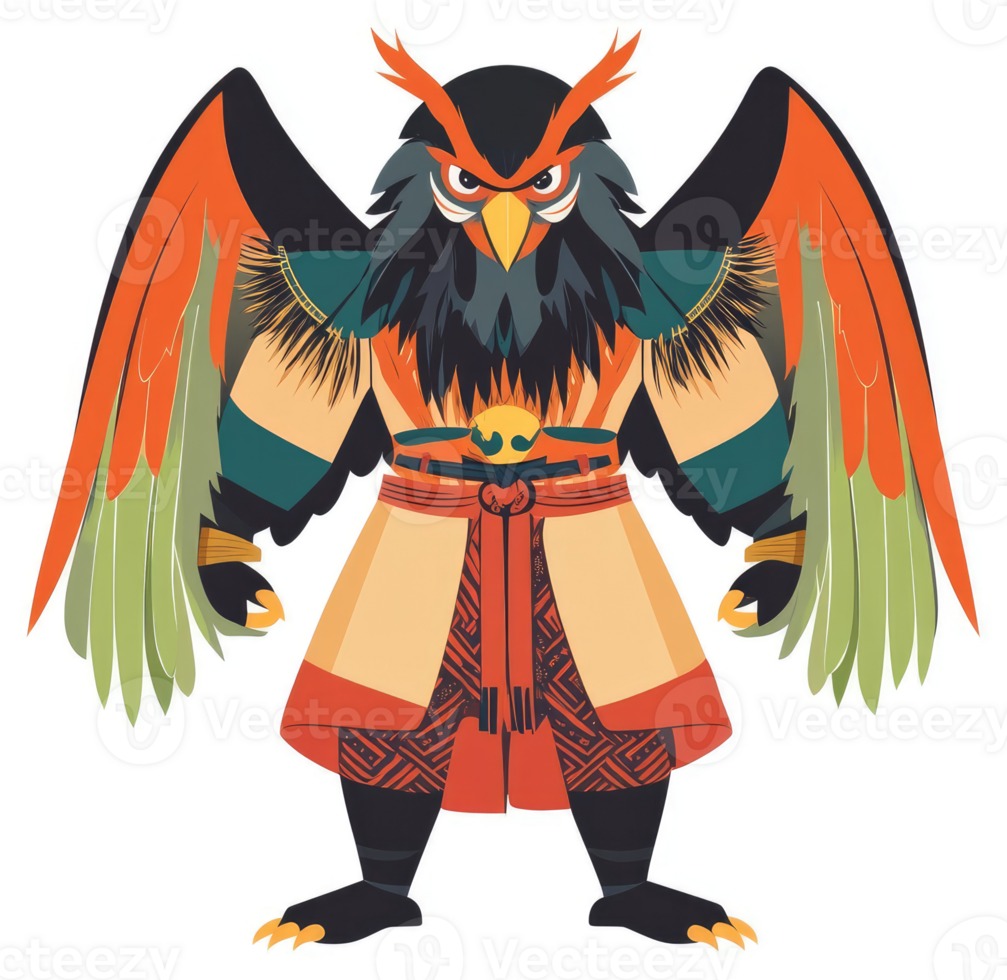 A stylized illustration of a mythical creature with owl-like features and feathered wings. png