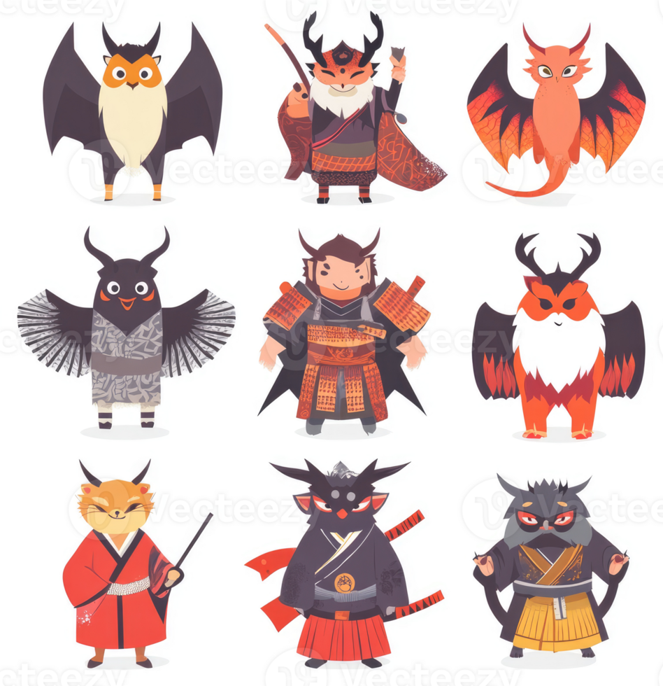 Nine stylized fantasy creatures in samurai attire. png