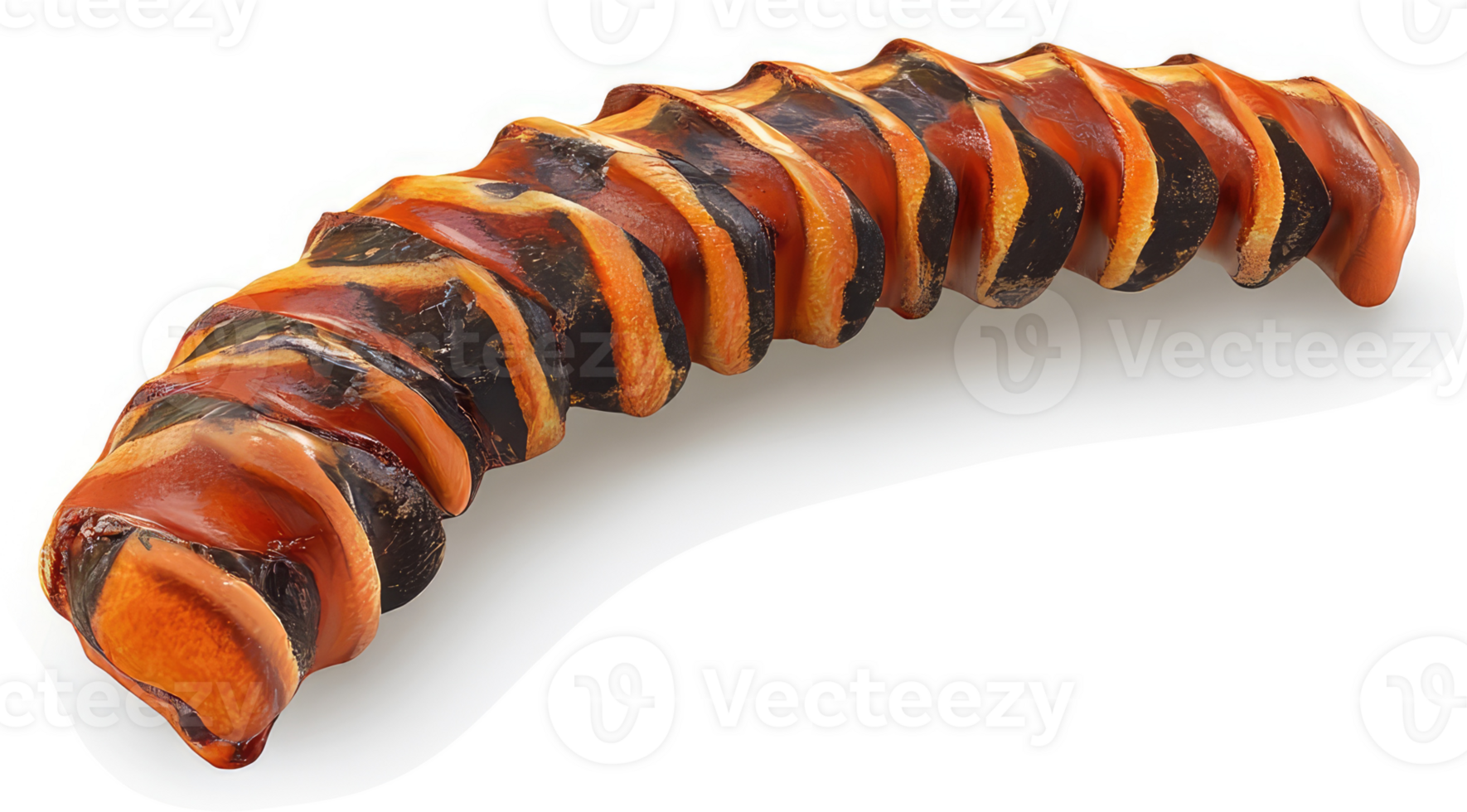 A curved, striped, orange and black dog chew toy. png