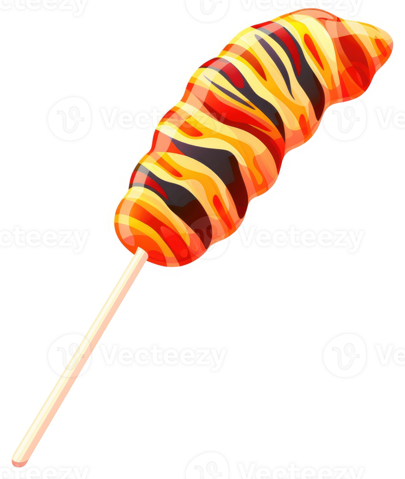 A vibrant, striped, lollipop with a wooden stick. png